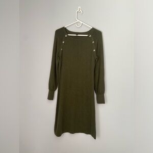 Sz Small Ann Taylor forest green sweater dress Aline puff sleeve button accent